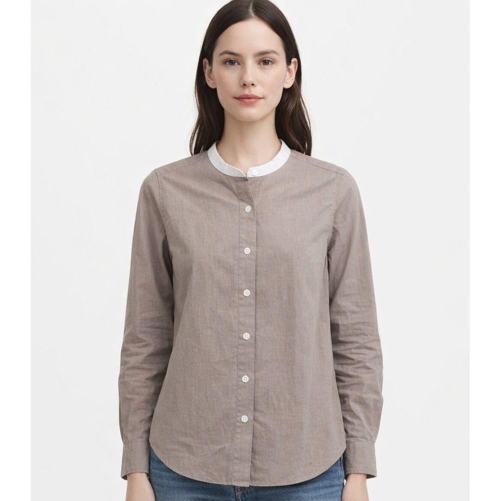 MUJI Button Up Shirt Womens XS Beige White Band Collar 100% Cotton Minimalist